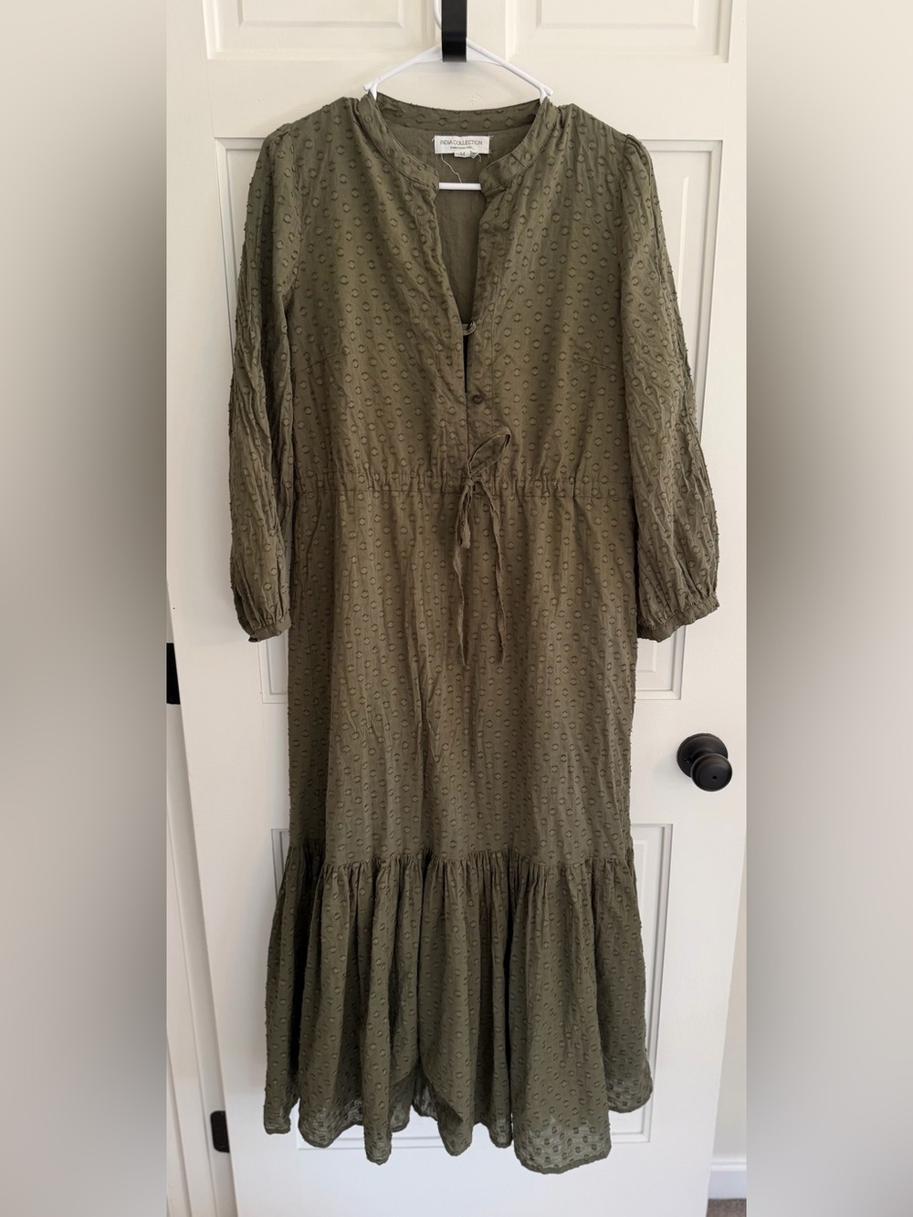 Emerson Fry India Collection Olive Swiss Dot Cotton Midi Dress M